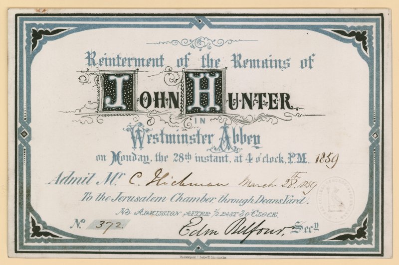 Pozvánka na pohřbení ostatků Johna Huntera ve Westminsterském opatství, Londýn, 28. března 1859 od English School