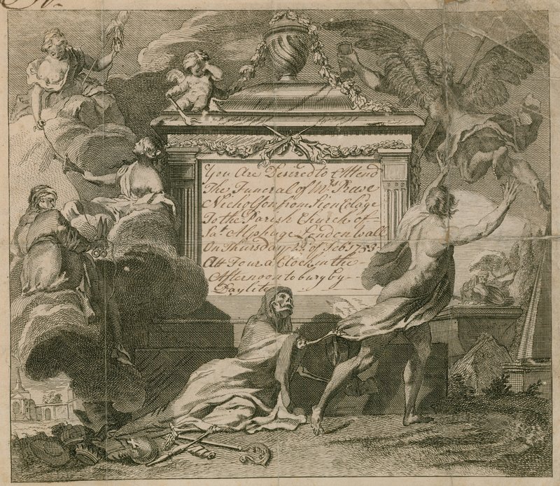 Pozvánka na pohřeb pana Nicholsona v St Alphage, London Wall, v roce 1753 od English School