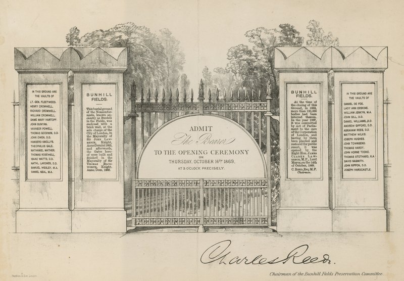 Pozvánka na otevření hřbitova Bunhill Fields od English School