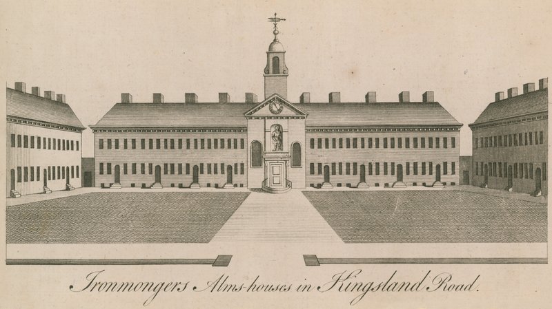 Almshouses Ironmongers v Kingsland Road od English School