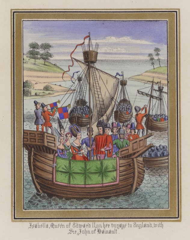 Isabella, královna Edwarda II., na své cestě do Anglie, se sirem Johnem De Hainaultem (barevná rytina) od English School