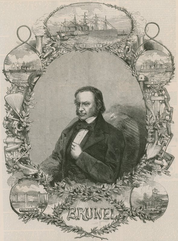 Isambard Kingdom Brunel obklopený některými ze svých úspěchů od English School