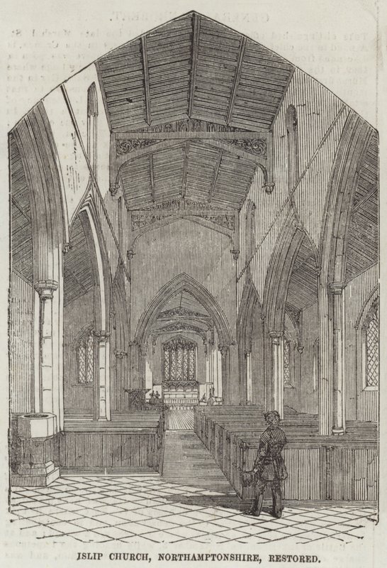 Islip Church, Northamptonshire, restaurováno (rytina) od English School