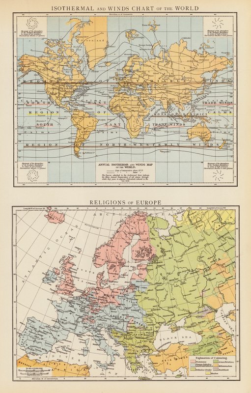 Izotermická a větrná mapa světa; Náboženství Evropy (barevná litografie) od English School