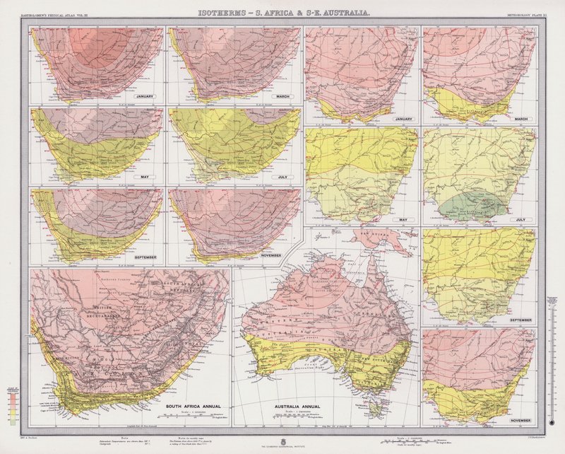 Izotermy, Jižní Afrika a jihovýchodní Austrálie (barevné lito) od English School