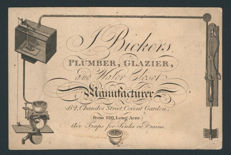 J Bickers, instalatér, sklenář a výrobce toalet, 62 Chandos Street, Covent Garden, obchodní karta od English School