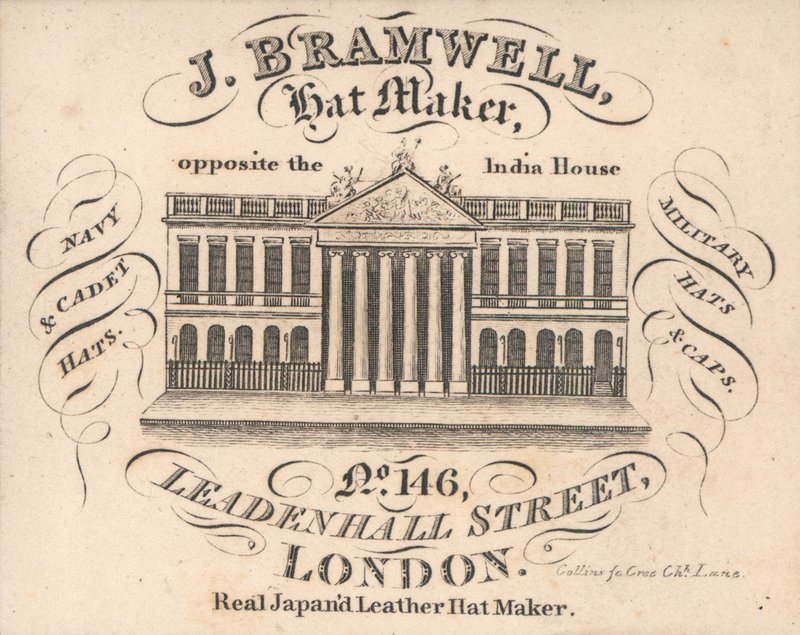 J Branwell, výrobce klobouků, 146 Leadenhall Street, obchodní karta od English School