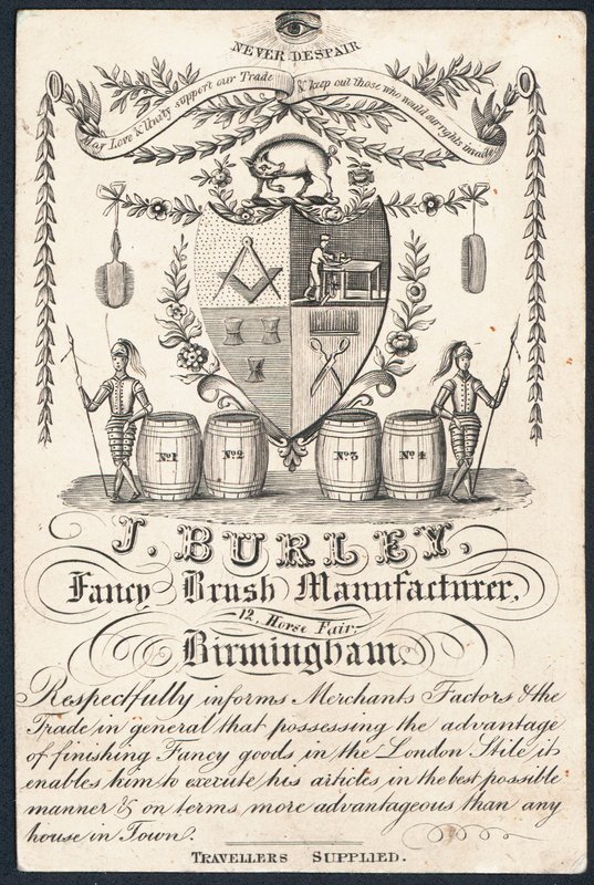 J Burley, výrobce ozdobných štětců, vizitka od English School