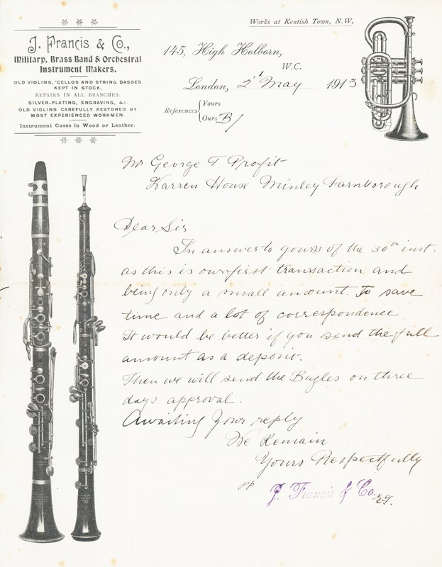 J Francis & Co, výrobci vojenských, dechových a orchestrálních nástrojů od English School
