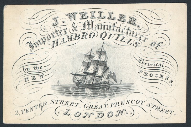 J Weiller, dovozce a výrobce Hambro Quills, 2 Tenter Street, obchodní karta od English School
