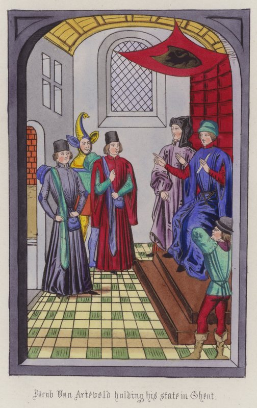 Jacob Von Artaveld držící svůj stát v Gentu (barevná rytina) od English School