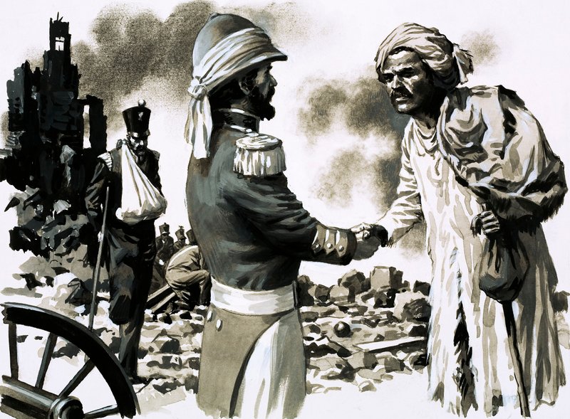 James Kavanagh, v přestrojení, jeden z hrdinů Lucknow (kvaš na papíře) od English School