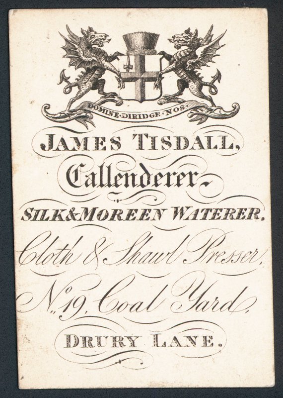 James Tisdall, Callenderer, hedvábí a moren waterer, vizitka od English School