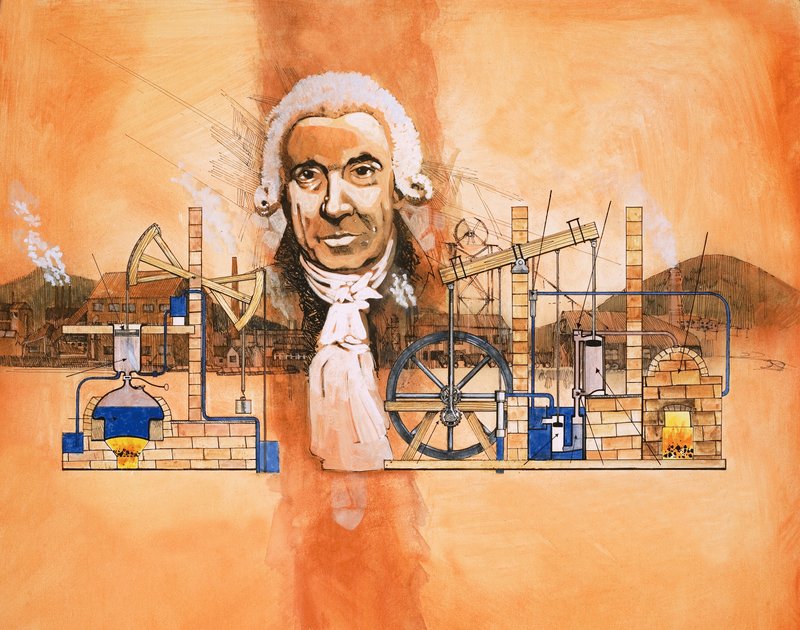 James Watt s pecemi a mechanickými čerpadly v pozadí od English School