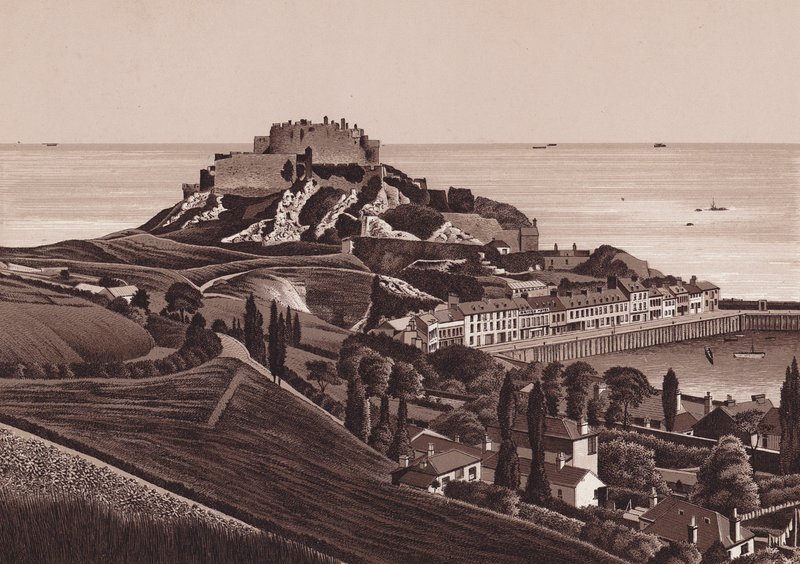 Jersey, Chanelské ostrovy: Mount Orgueil Castle a přístav Gorey (litografie) od English School