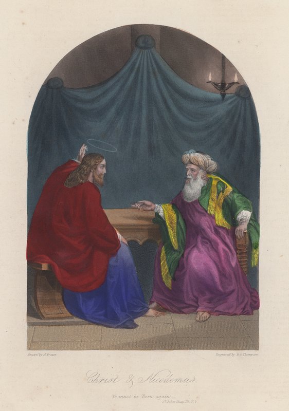 Ježíš Kristus a Nikodém (kolorovaná rytina) od English School