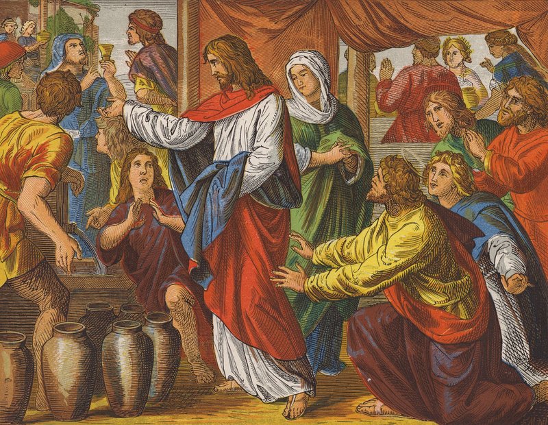 Ježíš Kristus a svatba v Káně (barevná litografie) od English School