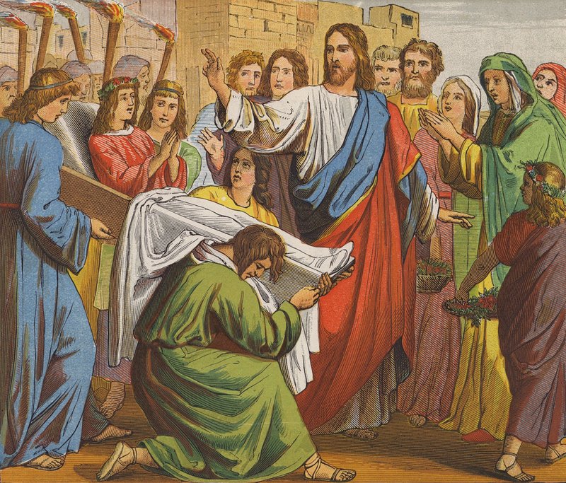 Ježíš Kristus křísí syna vdovy z Nainu (barevná litografie) od English School