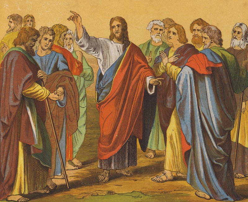 Ježíš Kristus vysílá dvanáct apoštolů (barevná litografie) od English School