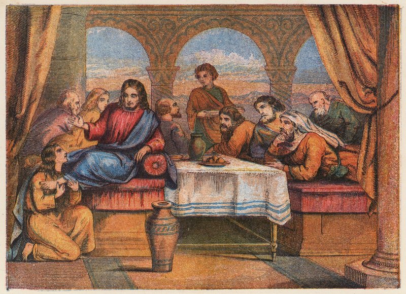 Ježíš Kristus s učedníky a Marií Magdalenou (barevná litografie) od English School