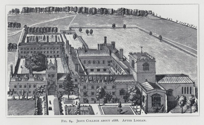Jesus College kolem roku 1688, po Logganovi (rytina) od English School
