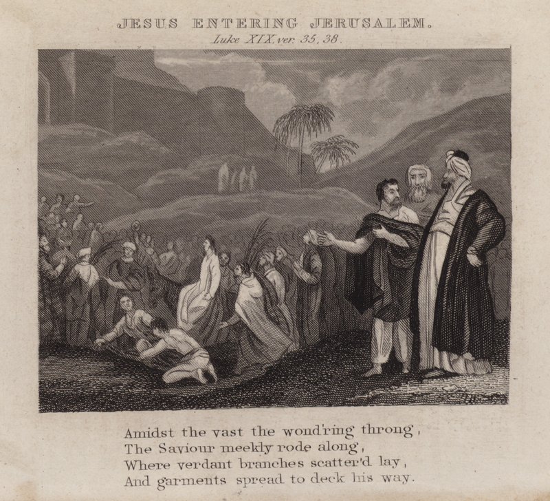 Ježíš vstupující do Jeruzaléma, Lukáš XIX, ver 35, 38 (rytina) od English School