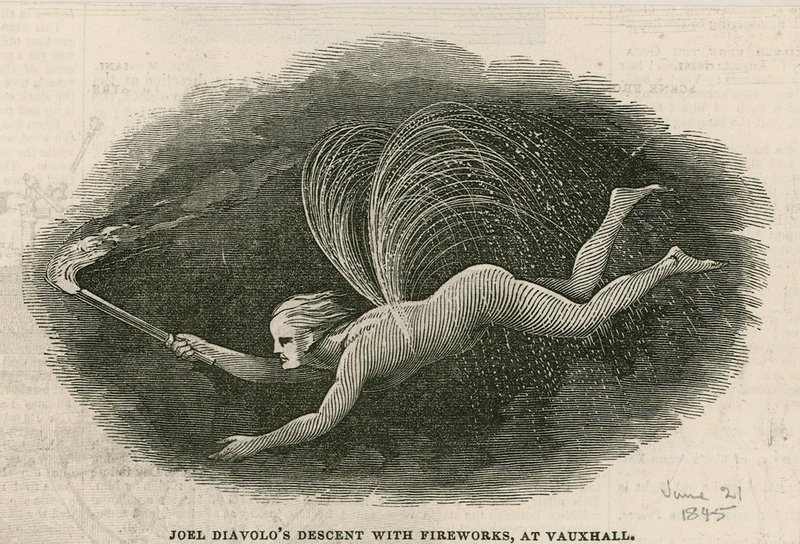 Sjezd Joela Diabola s ohňostrojem ve Vauxhall Gardens, Londýn od English School