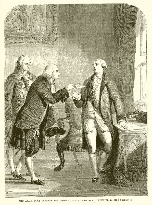John Adams, první americký velvyslanec u anglického dvora, předal králi Jiřímu III od English School