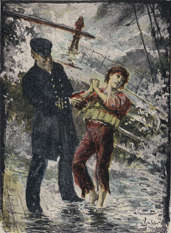 John Alexander Strachan, kapitán parníku Cyprian, dává svou záchrannou vestu mladému černému pasažérovi předtím, než loď v roce 1881 ztroskotala ve vichřici u velšského pobřeží (barva litho) od English School
