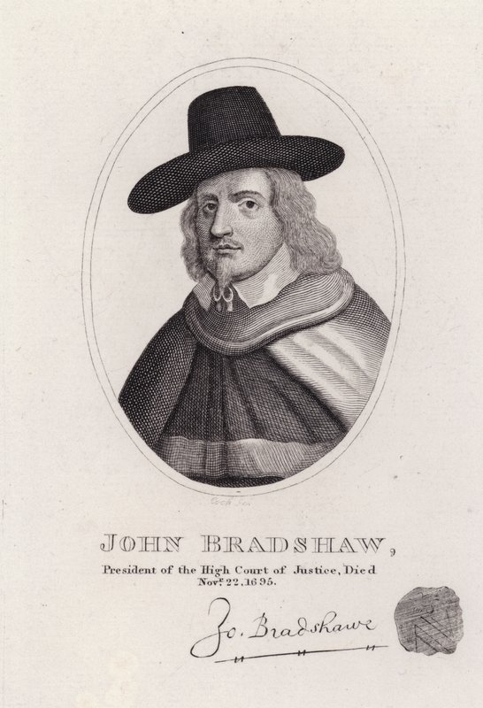 John Bradshaw, anglický soudce, který byl předsedou Nejvyššího soudu pro proces s králem Karlem I. v roce 1649 (rytina) od English School