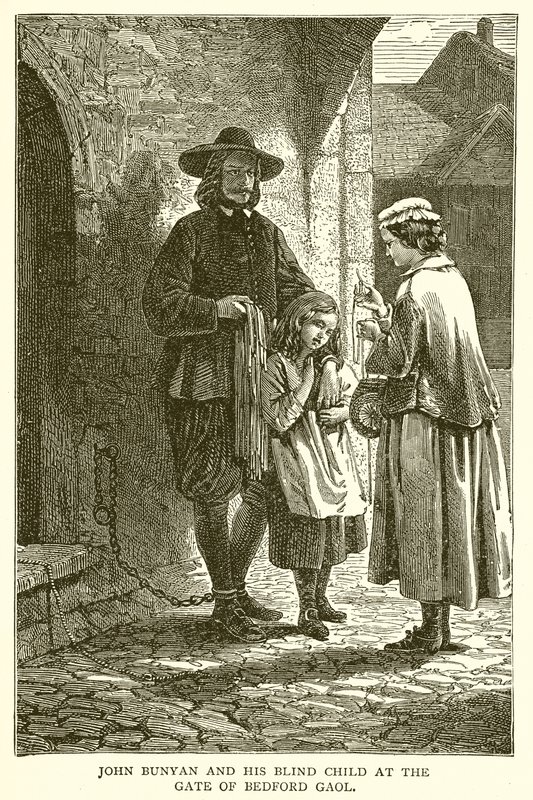John Bunyan a jeho slepé dítě u brány Bedford Gaol od English School