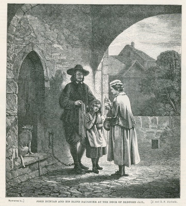 John Bunyan a jeho slepá dcera u dveří bedfordské věznice od English School