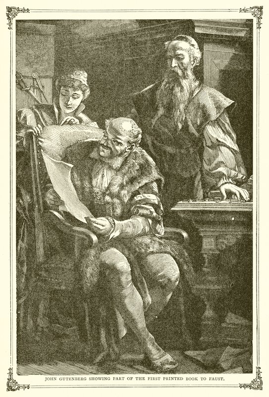John Gutenberg ukazuje část První tištěné knihy Faustovi od English School