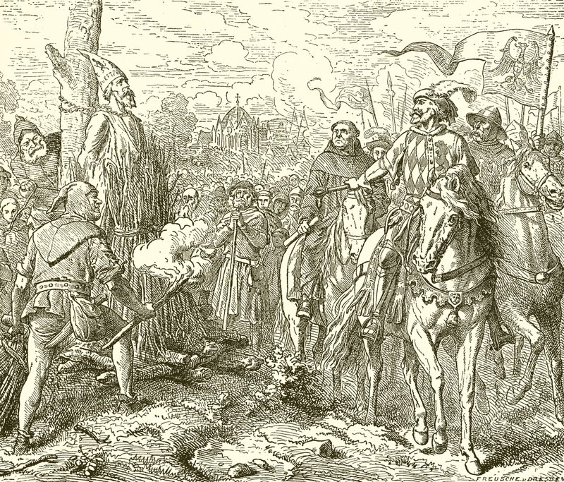 Jan Hus u kůlu, povolán k Recantu od English School