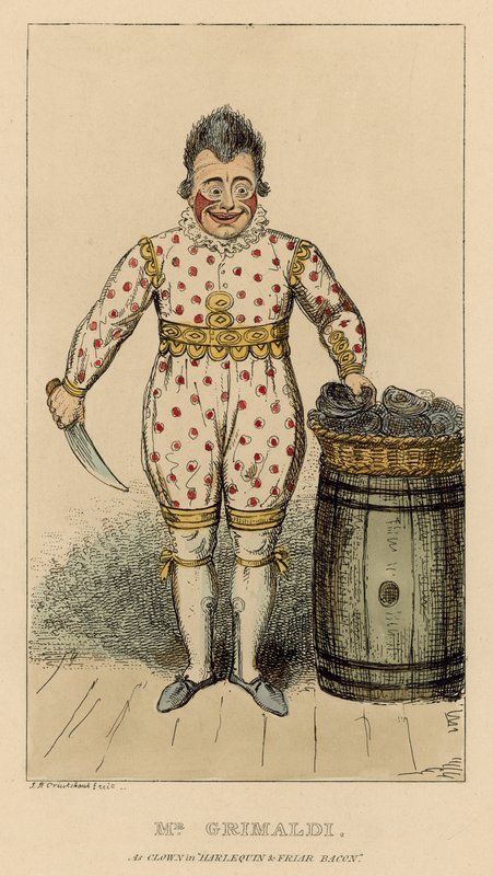 Joseph Grimaldi jako klaun v Harlequin a Friar Bacon od English School