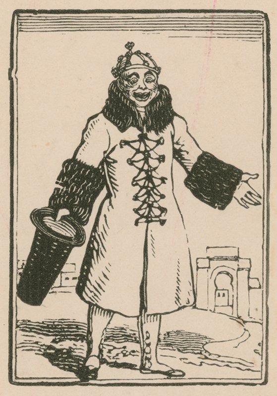 Joseph Grimaldi jako klaun zpívá Celý svět v Paříži, Surrey Theatre, 1814 od English School
