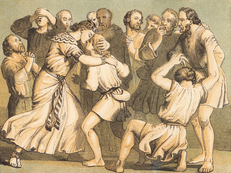Josef se dává vědět svým bratřím (barevná rytina) od English School