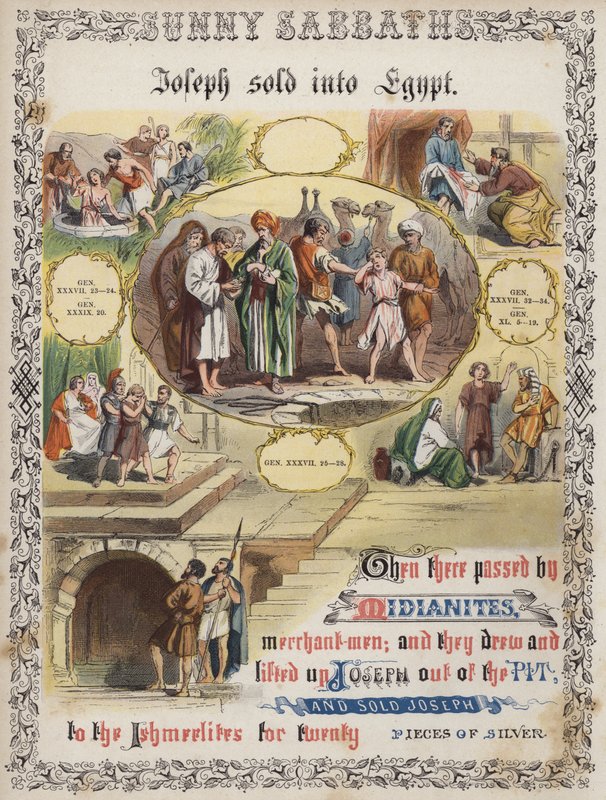 Joseph prodán do Egypta (barevná rytina) od English School