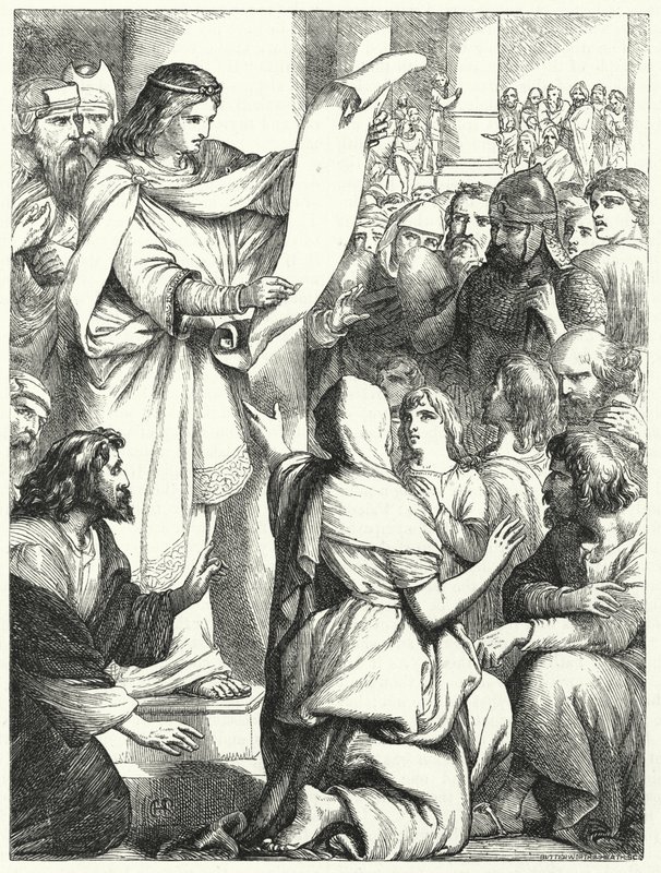 Josiáš, král judský, čte zákon lidem (rytina) od English School