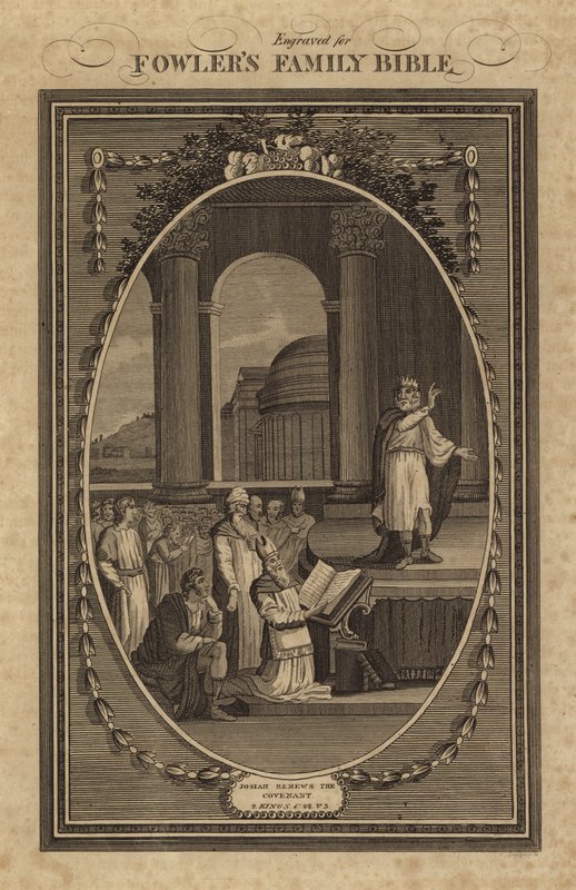 Josiah obnovuje smlouvu, 2 králové, kapitola 22, verš 3 (rytina) od English School