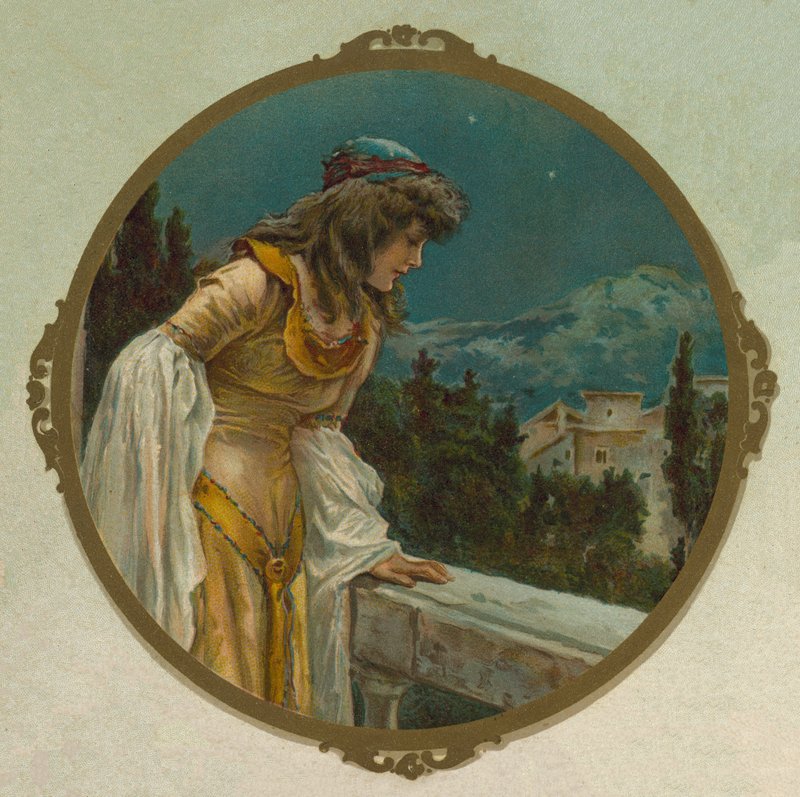 Julie na balkóně, scéna ze Shakespearova Romea a Julie (chromolitho) od English School