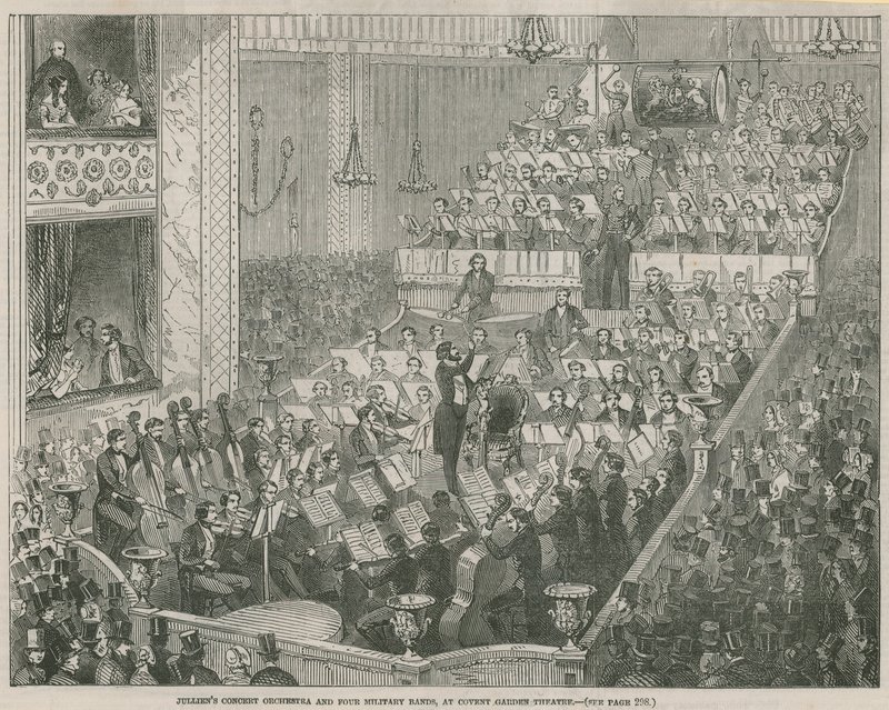 Koncertní orchestr Julliens a čtyři vojenské kapely v divadle Covent Garden od English School