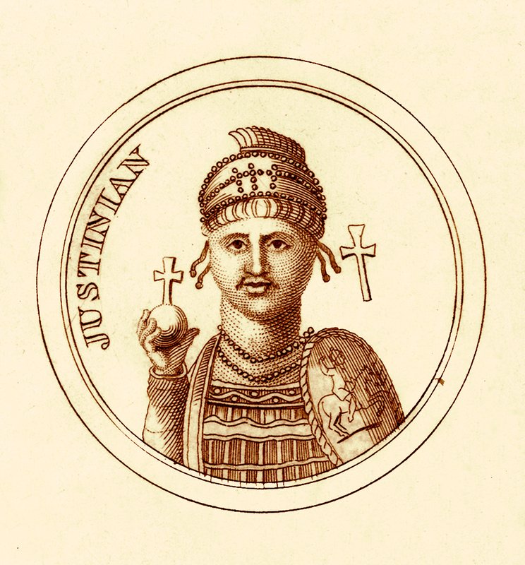 Justinian, ilustrace z The Universal Historical Dictionary od George Crabba, publikovaná v roce 1825 (digitálně vylepšený obrázek) od English School