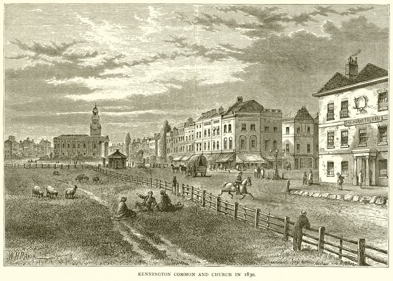 Kennington Common and Church v roce 1830 od English School