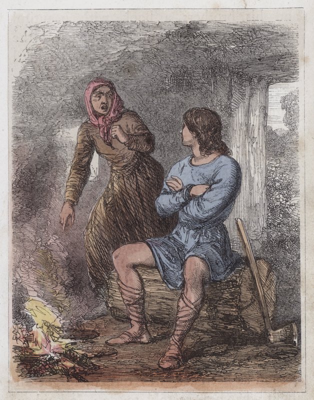 Král Alfred v chýši (barevná rytina) od English School