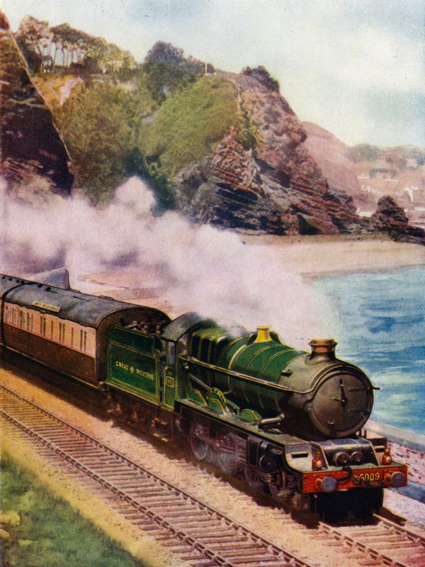 King Charles II, Great Western Railway (GWR) Parní lokomotiva King třídy 4-6-0, táhnoucí expres Cornish Riviera podél pobřeží mezi Dawlish a Teignmouth, Devon (barevná litho) od English School