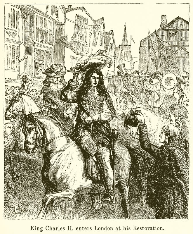 Král Karel II. vstupuje do Londýna při svém restaurování od English School