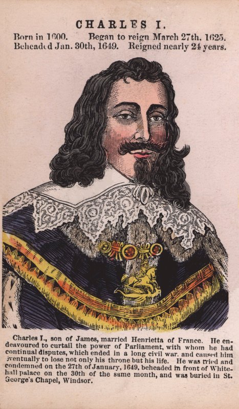 Král Karel I. (barevná rytina) od English School