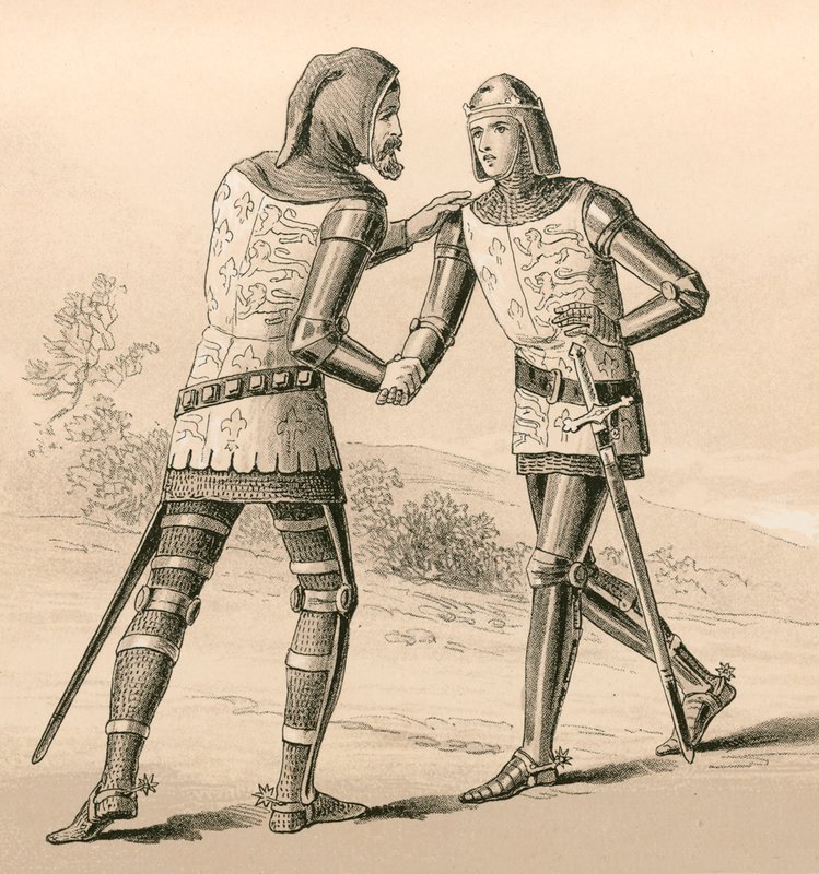 Král Edward III pozdravil svého syna, Černého prince, po bitvě u Crecy od English School