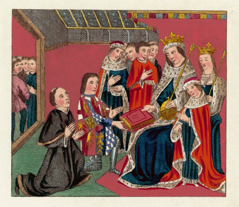 Král Edward IV, jeho královna a syn (barevná rytina) od English School